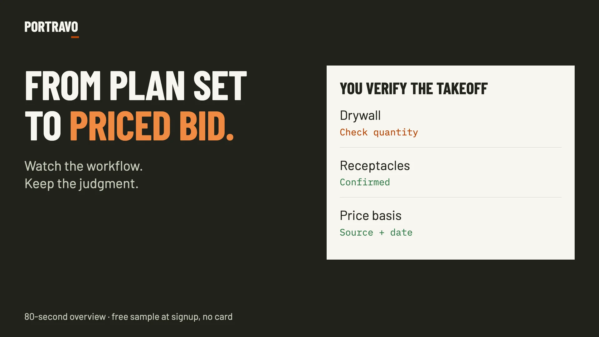 From plan set to priced bid. Watch the workflow; keep the judgment.